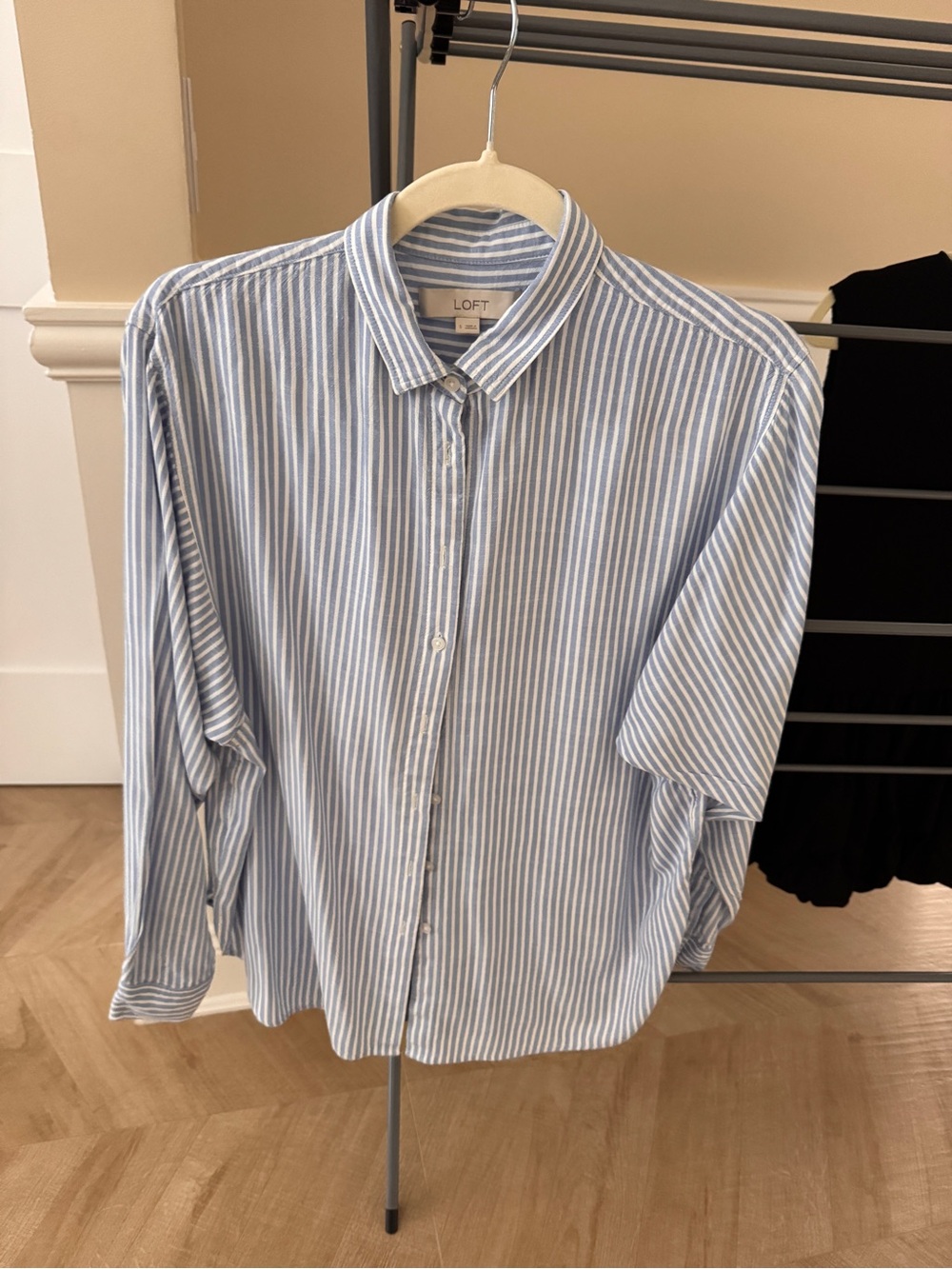LOFT Women’s Blue and White Striped Button-Down Shirt